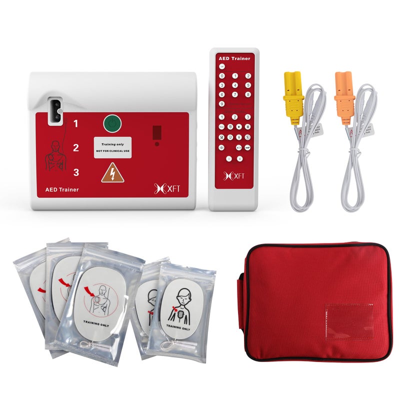 AED Trainer, Portable Defibrillator Trainer Set CPR Training Device with Remote Control, English and Spanish Voice Prompts, 10 Different Scenarios, First Aid Defibrillator Trainee Beginner (XFT 120C)